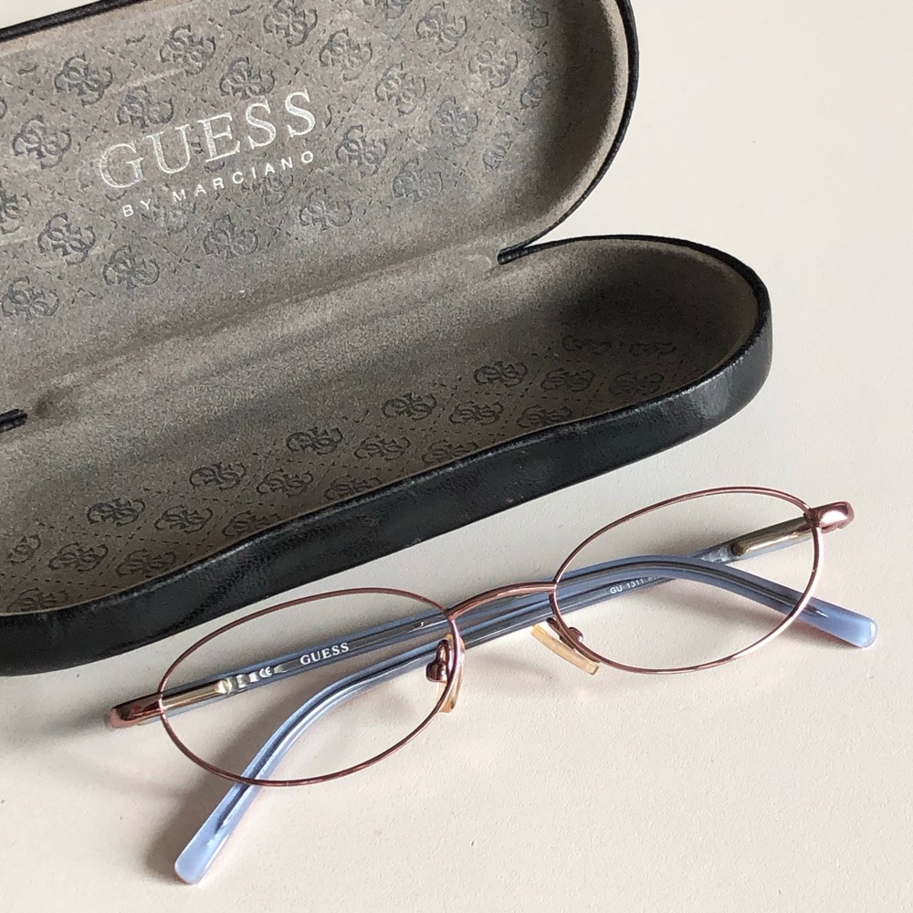 GUESS Women's Oval Metal Eyeglasses in Rose Gold with Light Blue Temples